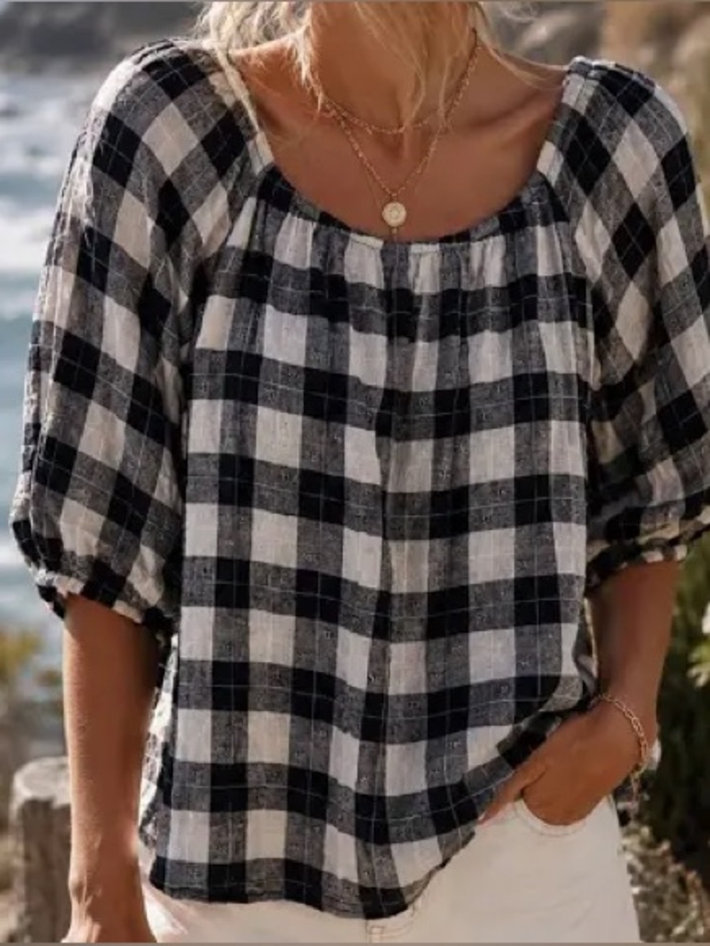 Universal Thread Black and White Plaid Top - S